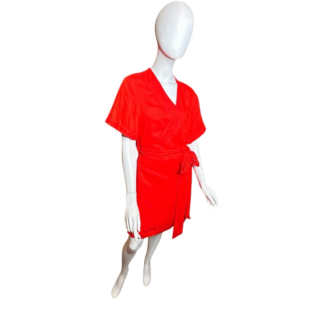 NWT Emily McCarthy Fiery Red Linen Blend "Day Robe" True Wrap Dress Medium